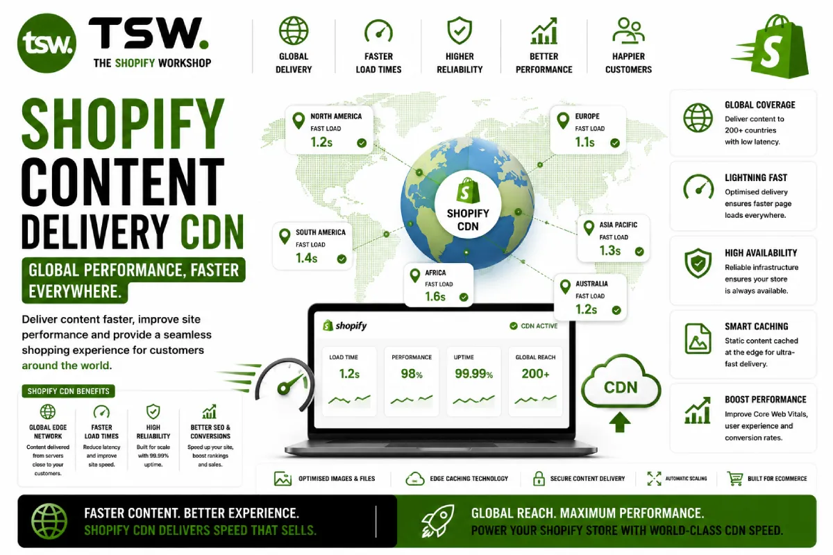 Shopify content delivery CDN guide showing global performance optimization, faster page load speeds, worldwide content delivery and improved ecommerce user experience