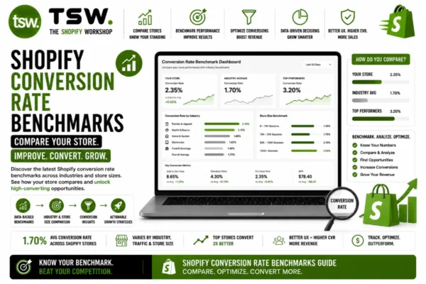 Shopify conversion rate benchmarks guide showing store performance comparison, ecommerce conversion metrics, CRO analysis and revenue growth opportunities