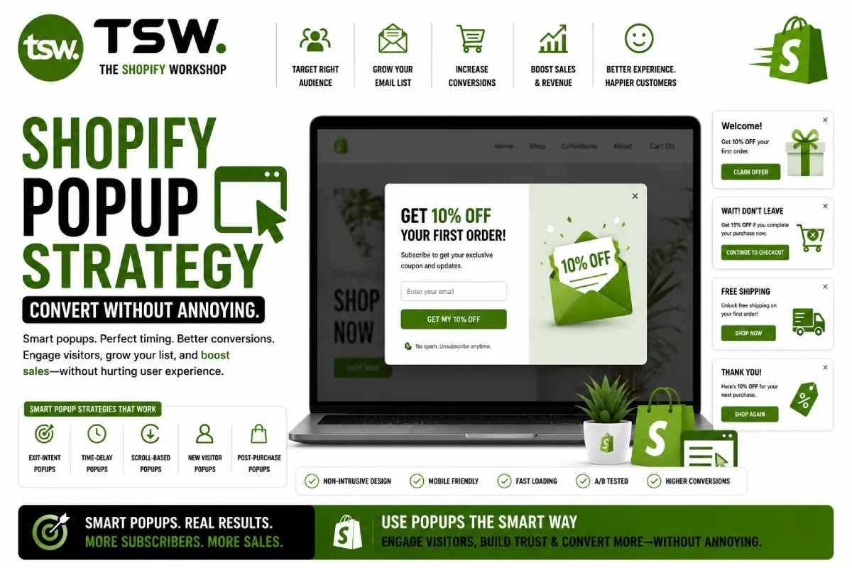 Shopify popup strategy guide showing high converting email popups, exit intent campaigns, lead generation forms and customer friendly conversion optimization techniques