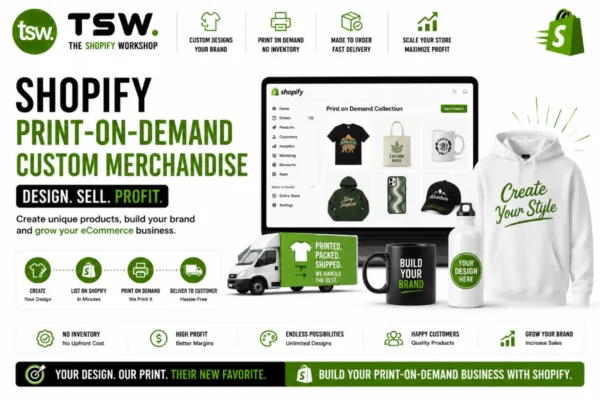 Shopify print on demand custom merchandise guide showing branded products, POD business model, custom apparel and ecommerce growth strategies