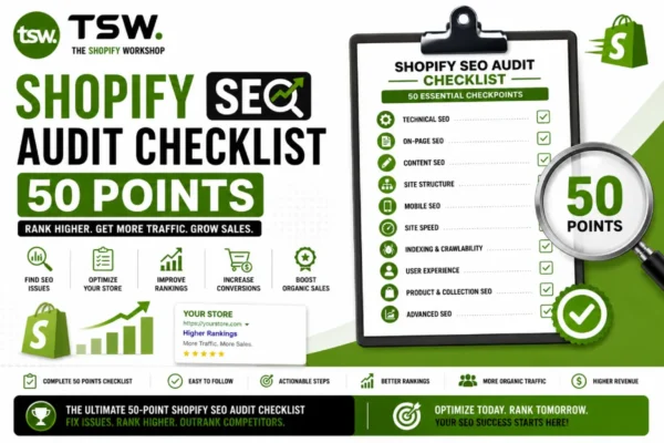 Shopify SEO audit checklist with 50 essential checkpoints covering technical SEO, on-page optimization, site speed, indexing, mobile SEO and organic traffic growth
