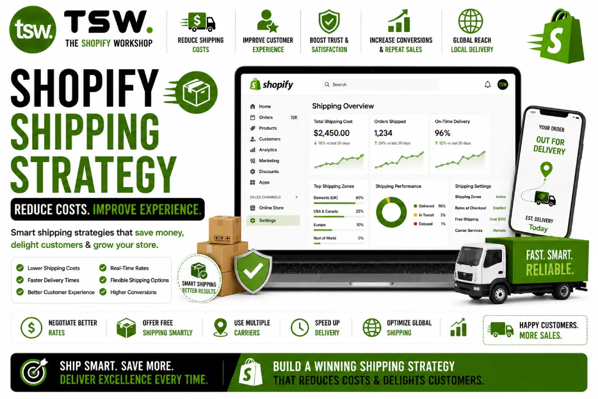 Shopify shipping strategy guide showing shipping cost reduction, delivery optimization, customer experience improvements and ecommerce fulfillment management