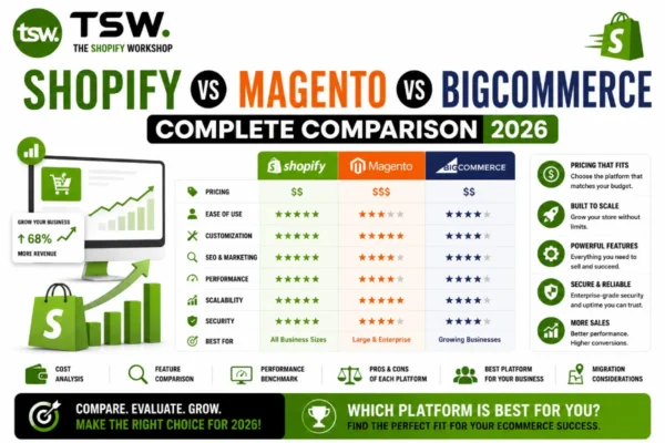 Shopify vs Magento vs BigCommerce comparison 2026 showing ecommerce platform pricing, features, scalability, performance, SEO capabilities and business growth potential