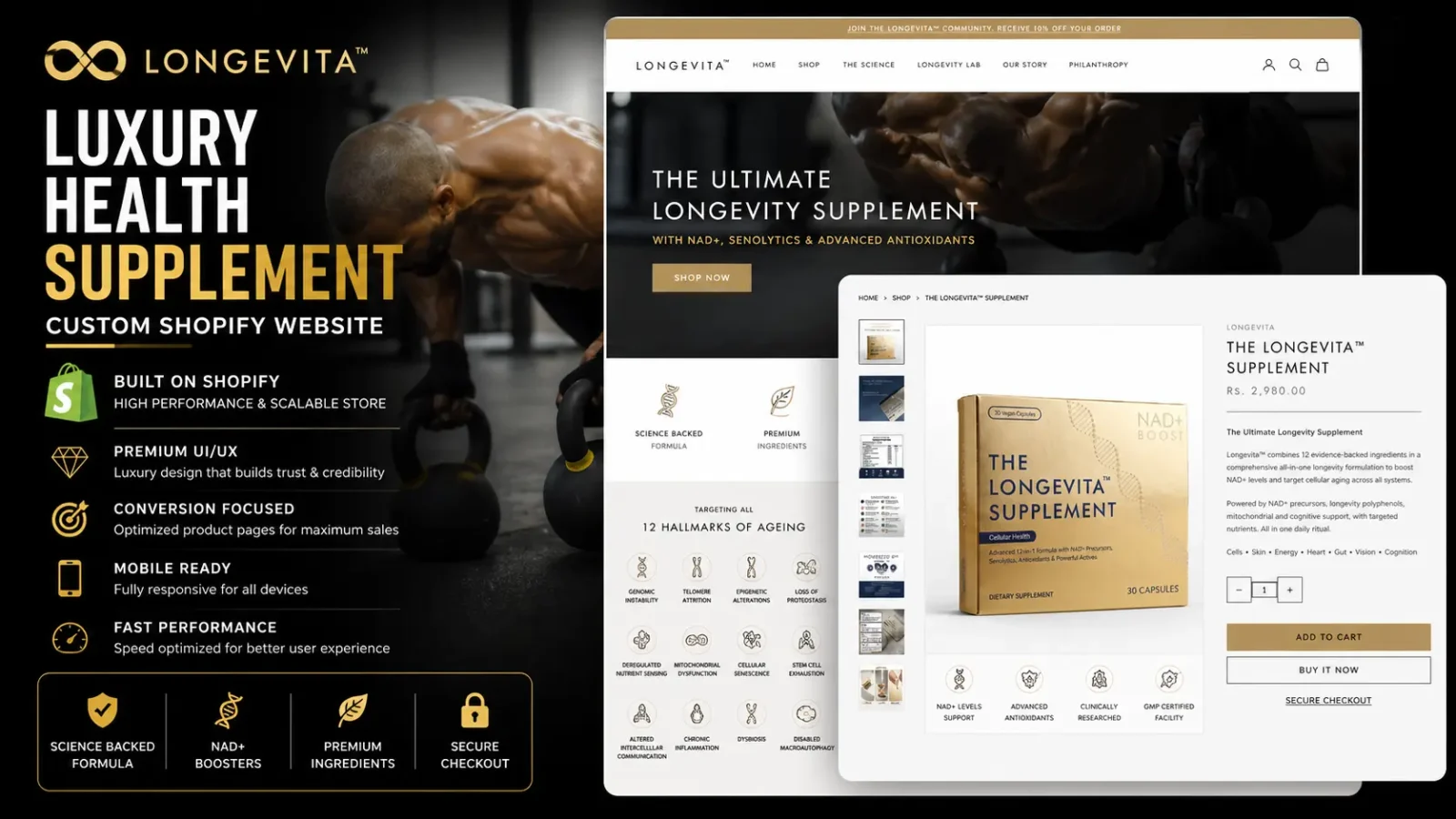 Luxury Health Supplement Shopify Website | Longevita eCommerce Development