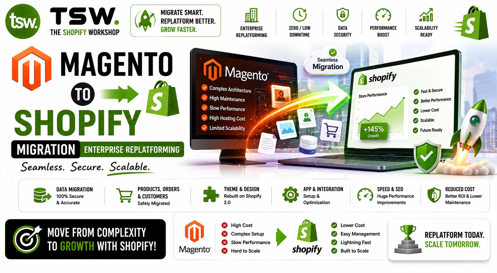 Magento to Shopify migration enterprise replatforming guide showing data migration, store redesign, performance optimization and scalable ecommerce growth