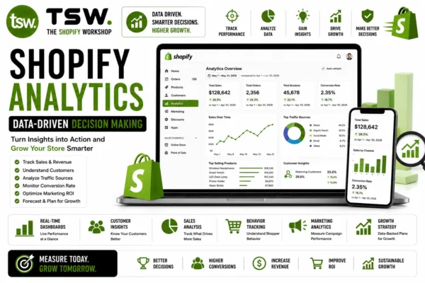 Shopify analytics dashboard showing sales reports, customer insights, traffic analysis, conversion tracking and data-driven ecommerce decision making