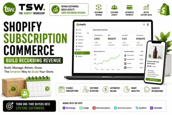 Shopify subscription commerce dashboard showing recurring revenue, customer retention, automated billing and subscription business growth strategies