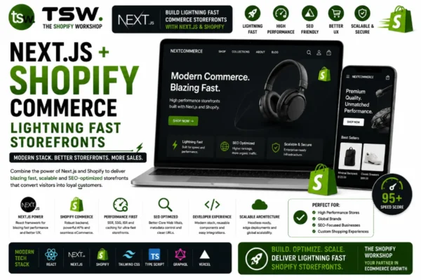Next.js Commerce Shopify storefront showing lightning fast ecommerce performance, headless architecture, SEO optimization and scalable storefront development