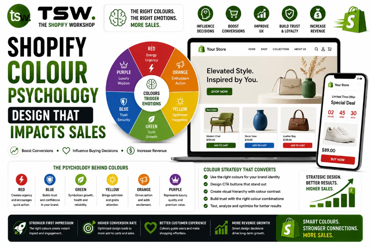 Shopify colour psychology guide showing how colour choices influence customer emotions, buying decisions, conversions and ecommerce sales