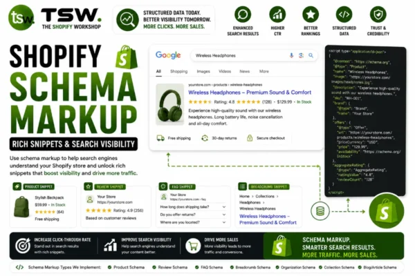 Shopify schema markup implementation showing rich snippets, structured data, product ratings and enhanced Google search visibility for ecommerce stores