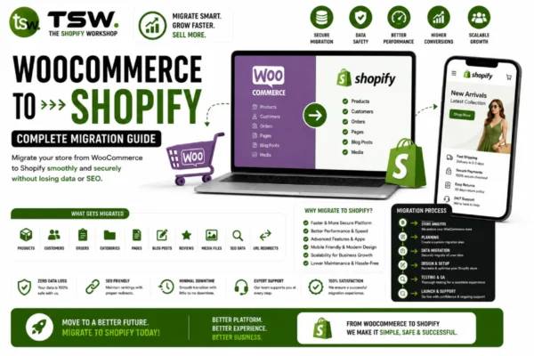 WooCommerce to Shopify migration guide showing secure transfer of products, customers, orders and SEO data to Shopify