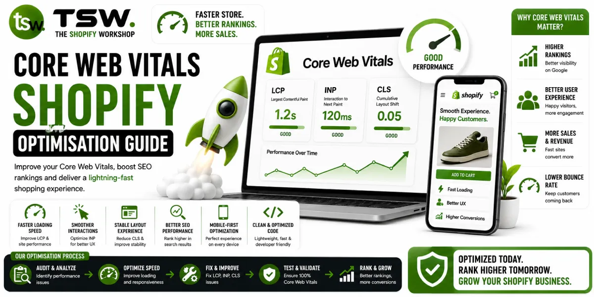 Shopify Core Web Vitals optimization guide showing page speed improvements, SEO performance and user experience enhancements