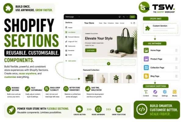 Shopify Sections guide showing reusable and customizable components for flexible Shopify store design